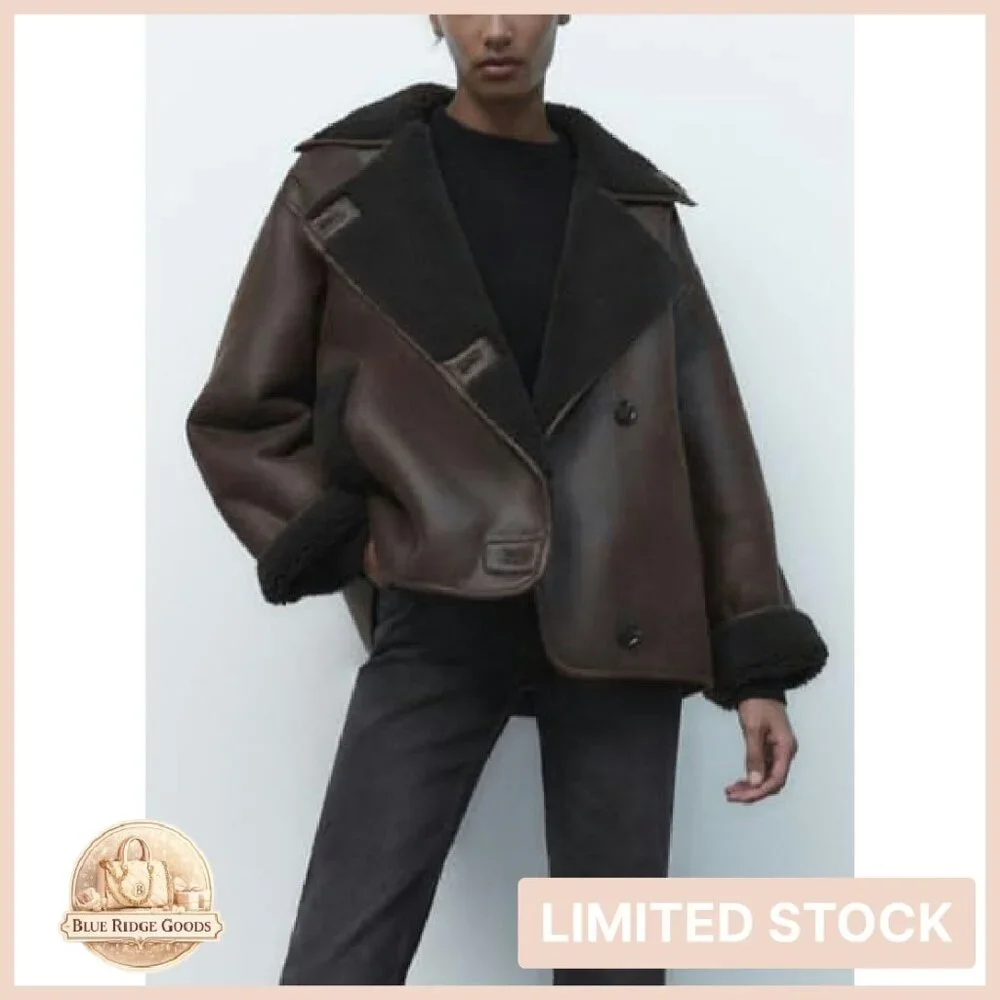 Sherpa Lined Faux Leather Jacket Oversized Motorcycle Style Winter Chic